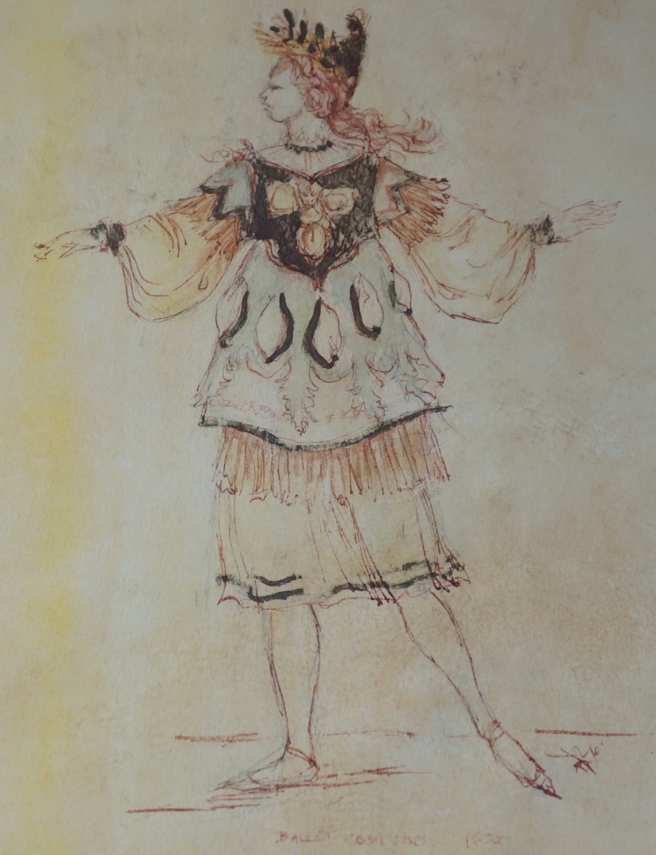 Modern British, pair of ink and watercolours, theatrical ballet costume designs, each 25 x 18cm